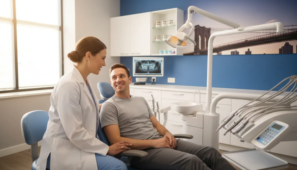 Friendly dentist speaking with a patient in a modern blue and white dental treatment room