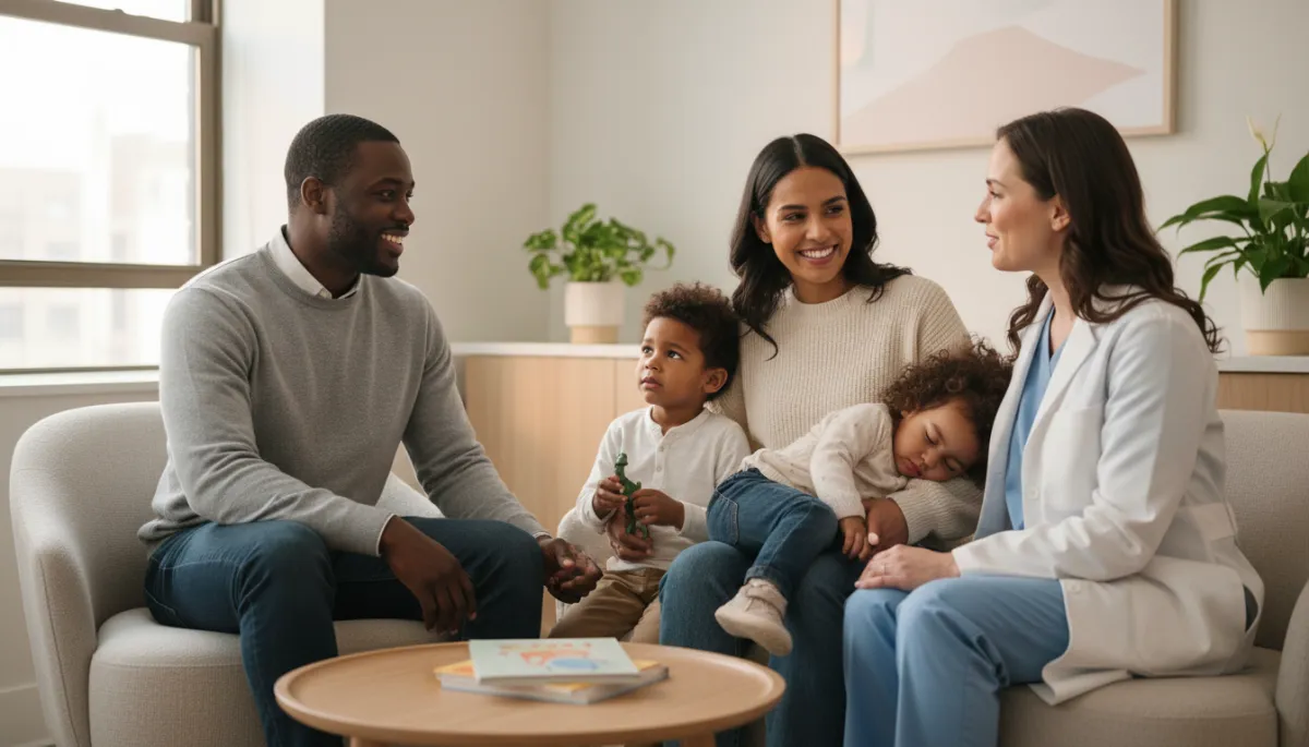 Relieved Brooklyn family speaking with a pediatrician in the clinic