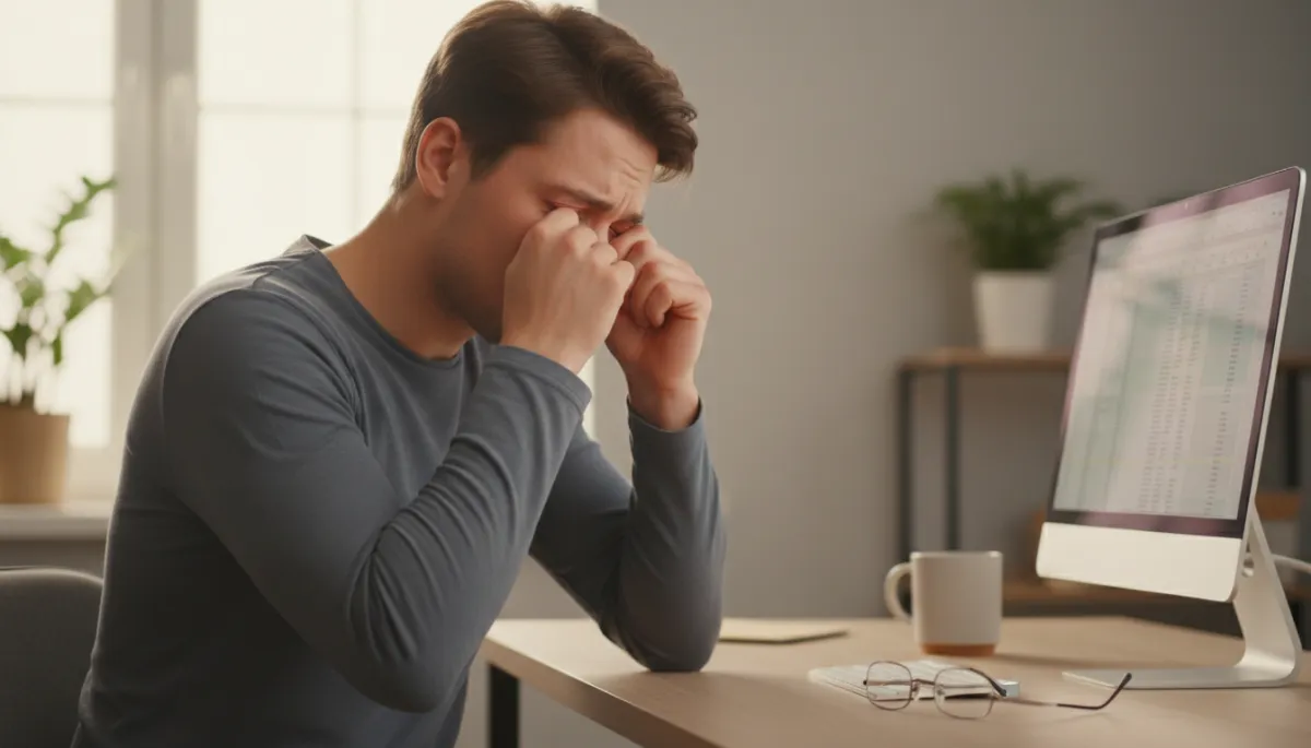 Person experiencing dry eye symptoms while working at a computer