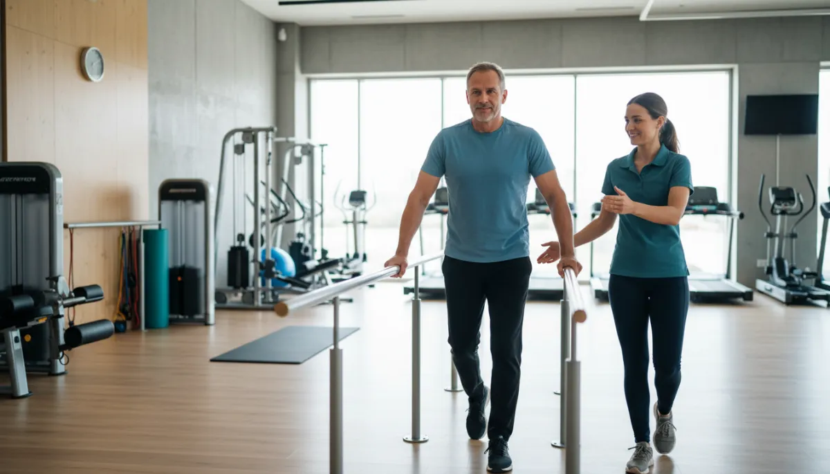 Patient walking confidently during rehabilitation with therapist support