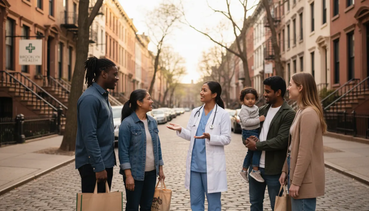 photorealistic scene of a diverse group of Brooklyn residents talking with a friendly healthcare worker on a brownstone-lined street, soft neutral colors, early evening light, subtle view of a clinic sign on the corner