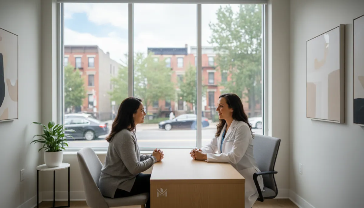 photorealistic scene of a calm, modern Brooklyn medical clinic with large windows, a professional primary care doctor speaking with a patient at a desk, neutral color palette, subtle view of a Brooklyn street through the window