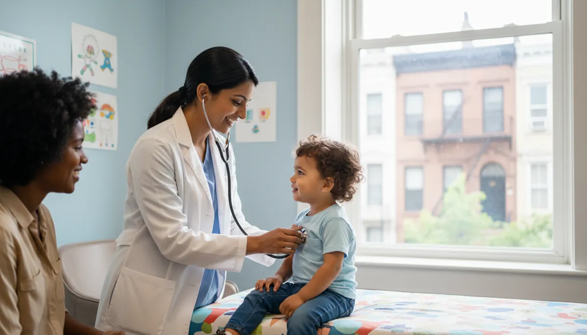 photorealistic friendly pediatrician of diverse background smiling while listening to a toddler's heartbeat with a stethoscope in a bright Brooklyn NY clinic exam room, parent seated nearby, large window with soft daylight and subtle view of Brooklyn brownstones outside