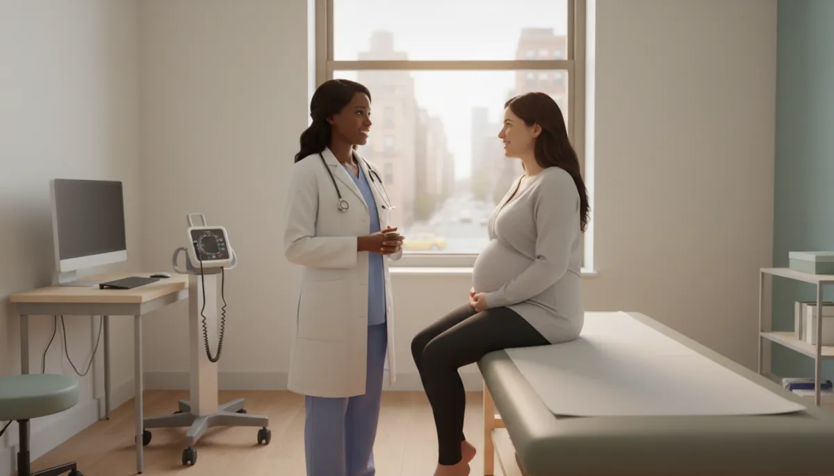 photorealistic neutral-toned Brooklyn clinic exam room with a warm, professional female OB-GYN of color gently speaking with a pregnant patient, city street visible softly through the window