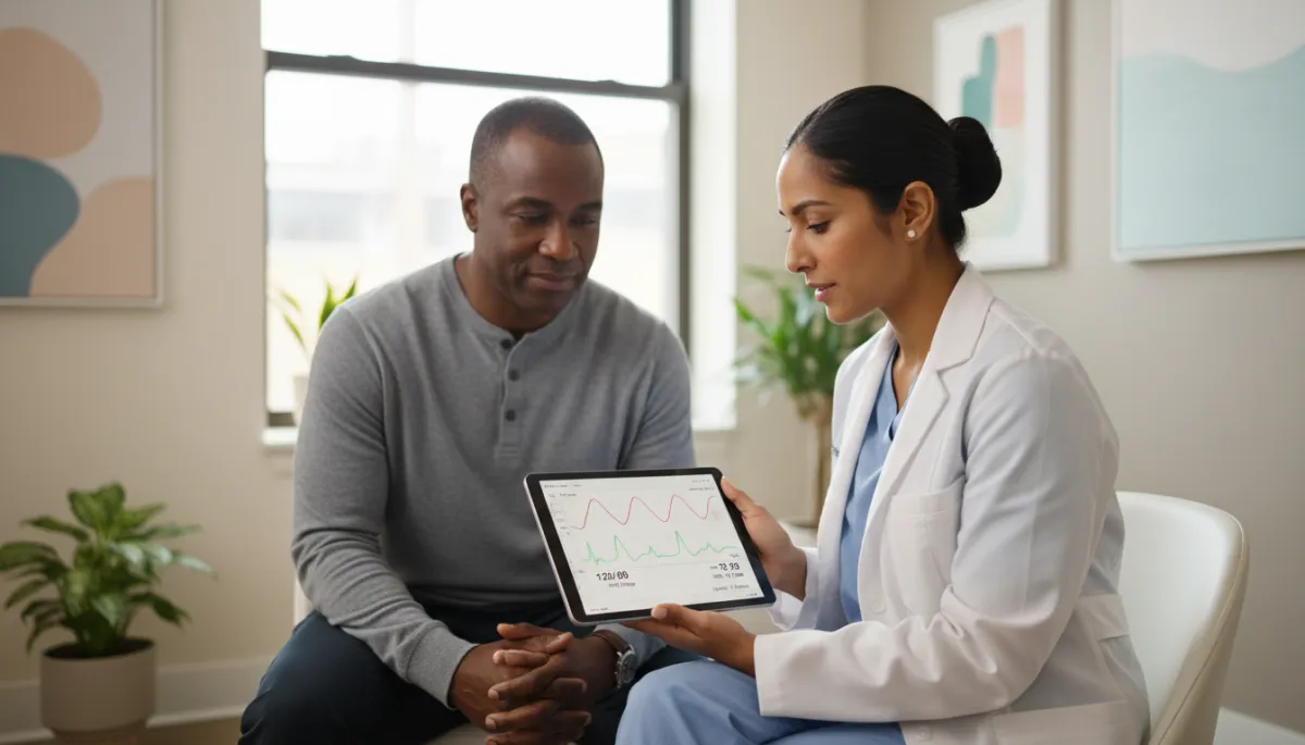 photorealistic cardiologist in a neutral-toned Brooklyn clinic sitting beside a middle-aged Black patient, both looking at a tablet that displays heart rhythm and blood pressure data, calm professional atmosphere, soft natural light