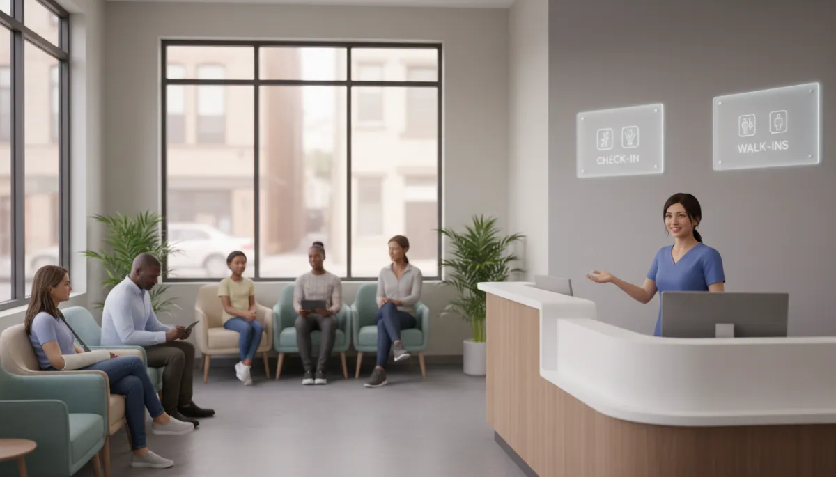photorealistic neutral-toned modern urgent care reception area in Brooklyn, friendly receptionist behind a clean white desk, diverse patients waiting comfortably in soft seating, clear signage for check-in and walk-ins