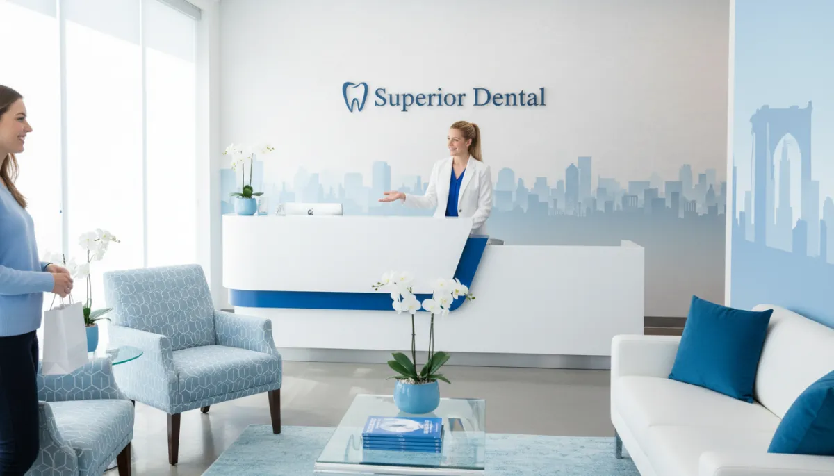 photorealistic clean blue and white modern dental office reception area in Brooklyn, bright natural light, comfortable seating, friendly receptionist greeting a patient, subtle signage for Superior Dental on wall