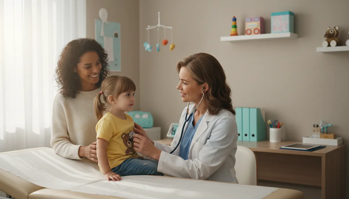 photorealistic neutral-toned pediatric clinic exam room with a caring pediatrician gently listening to a young child’s chest with a stethoscope, smiling parent nearby, soft natural light, calm and welcoming atmosphere