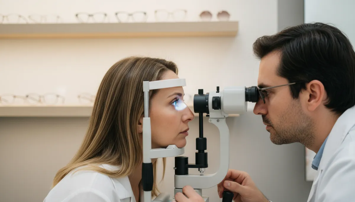photorealistic close-up of a patient having their eyes examined by an optometrist using a slit lamp in a modern neutral-toned optical clinic, stylish eyeglass frames displayed softly in the background