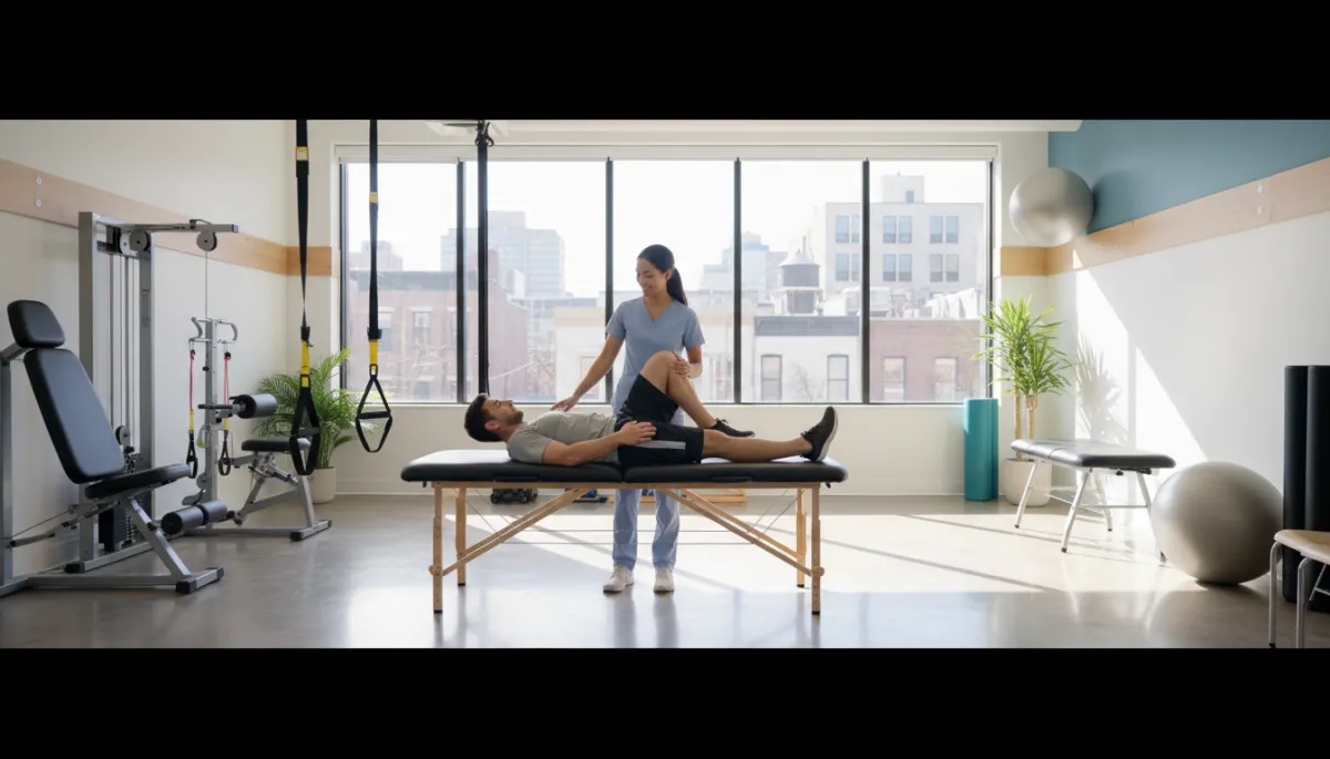 photorealistic bright clean physical therapy studio in Brooklyn with large windows, modern equipment, and a friendly female physical therapist guiding a patient through exercises on a treatment table