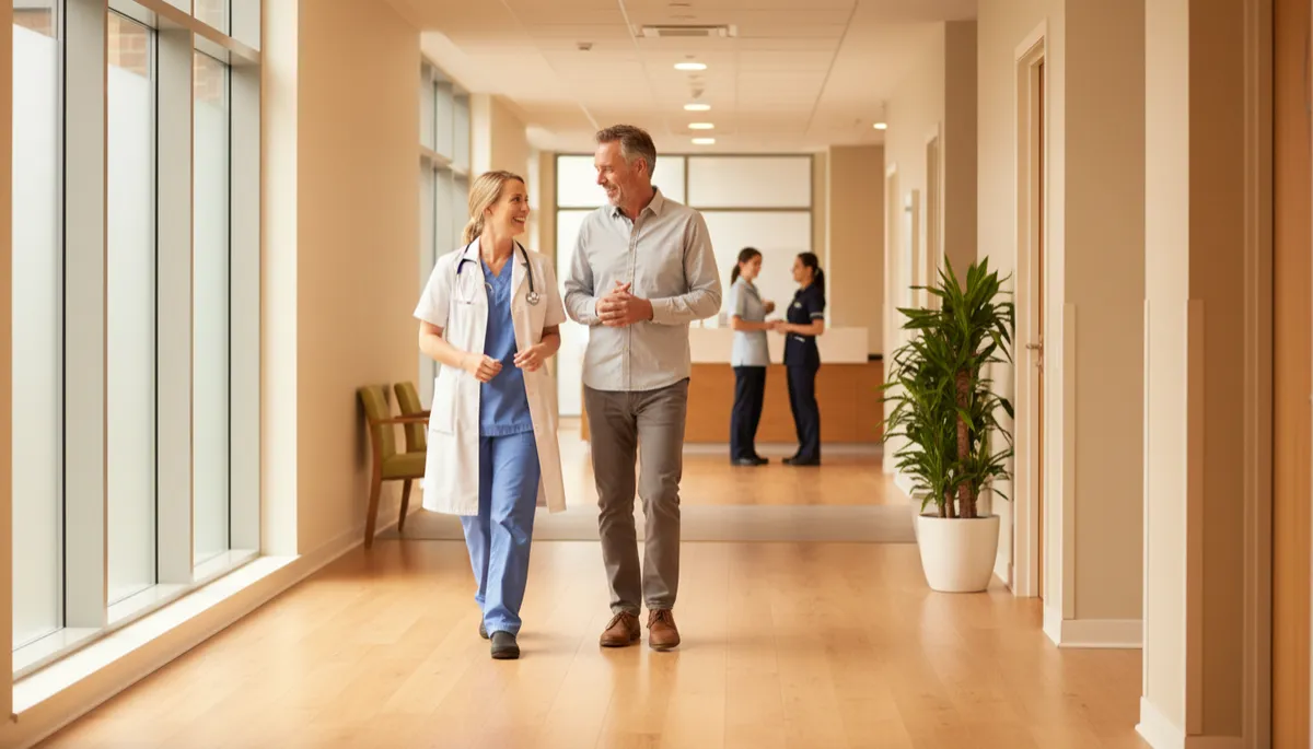 GP walking confidently along a practice corridor, looking settled and engaged