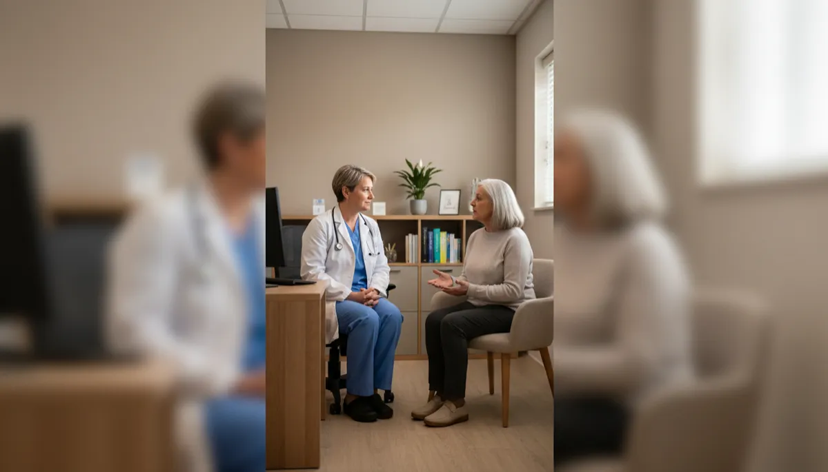 GP providing one-to-one consultation with a patient in a stable NHS practice setting