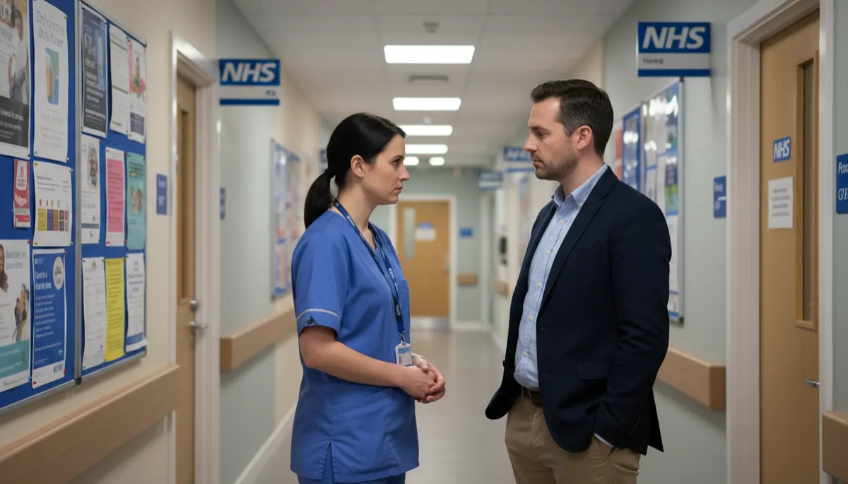 GP and practice manager discussing workforce pressures in a GP surgery corridor