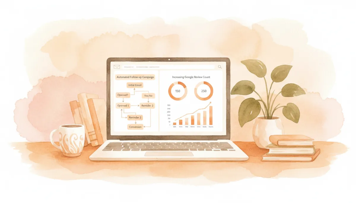 Laptop displaying an automated review request email campaign dashboard