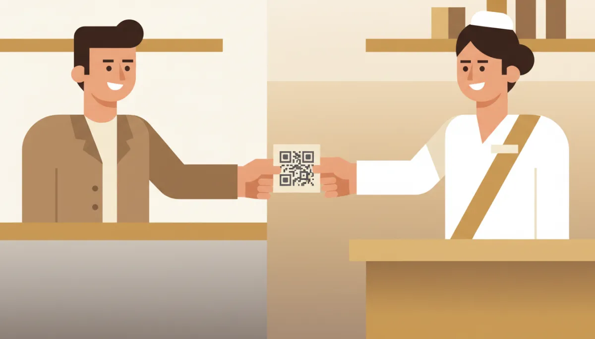 Customer receiving a feedback card with QR code at a local business counter