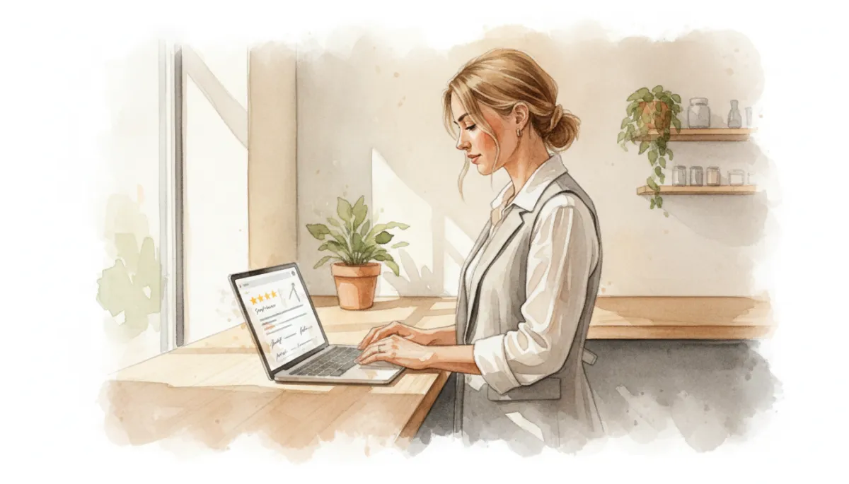 professional neutral-toned photo of an Australian small business owner standing at the counter, looking at a laptop screen showing a Google Business Profile with rising star ratings and recent customer reviews, soft natural light, clean modern interior