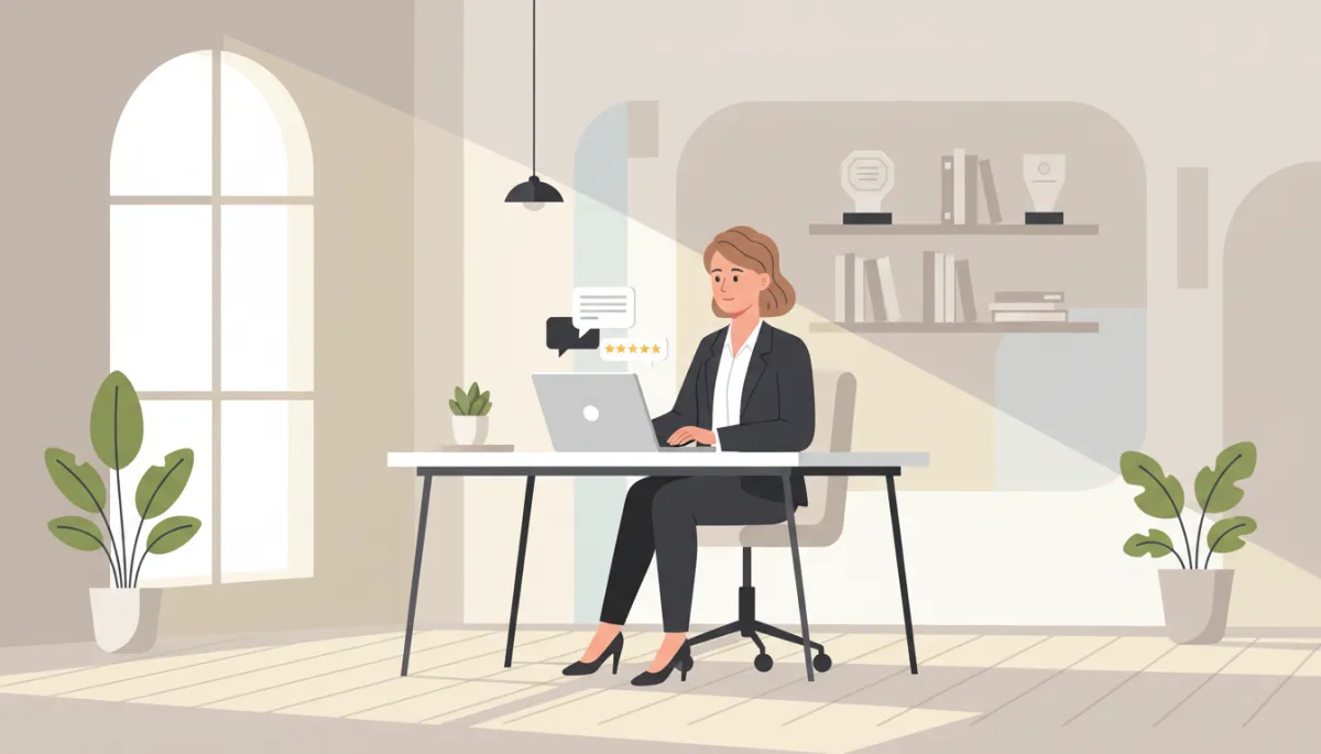 professional neutral-toned office setting with an Australian business owner calmly replying to online reviews on a laptop, soft natural light, professional photo style