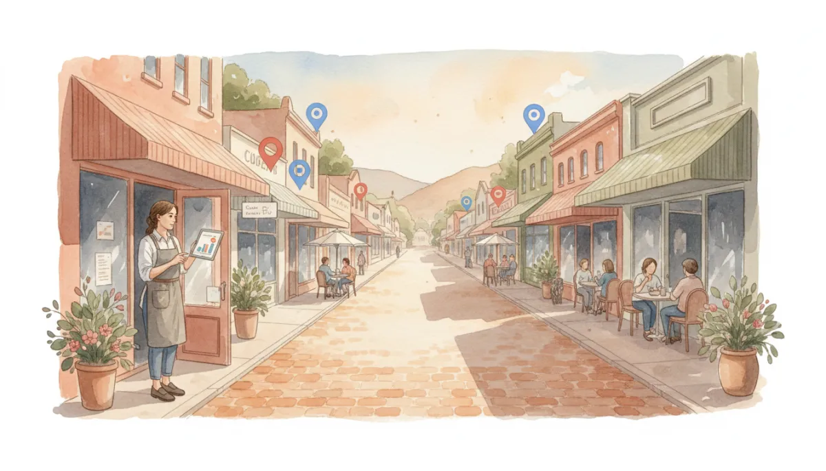 professional photorealistic scene of an Australian main street with small shops and cafes, business owner standing at doorway checking analytics on a tablet, subtle Google Maps markers hovering above nearby storefronts, soft neutral colour palette