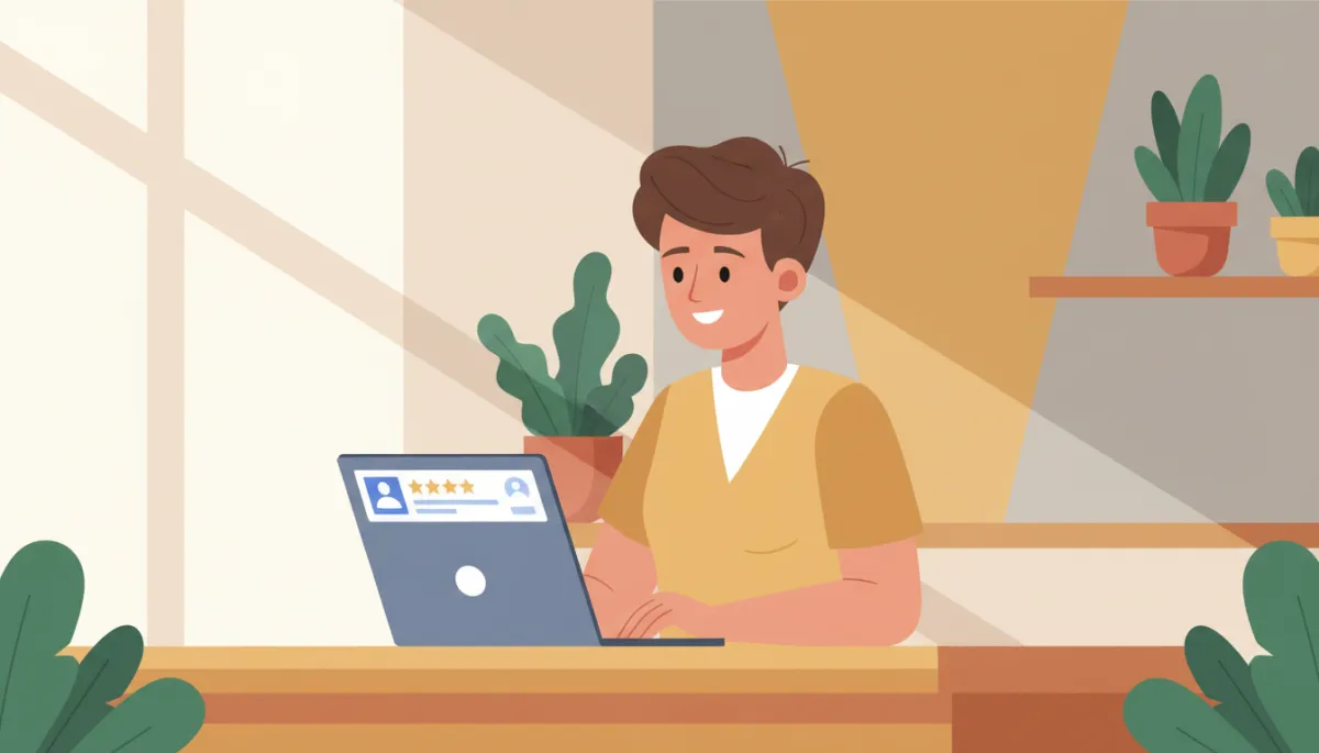 professional neutral-toned photo of an Australian small business owner standing at a counter, looking at a laptop showing a Google Business Profile reviews page, soft natural light, clean modern interior
