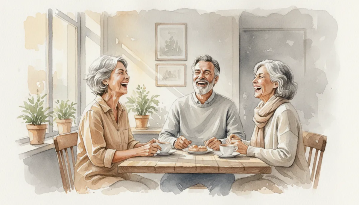 Group of older adults enjoying conversation at a café, representing social connection and dating again