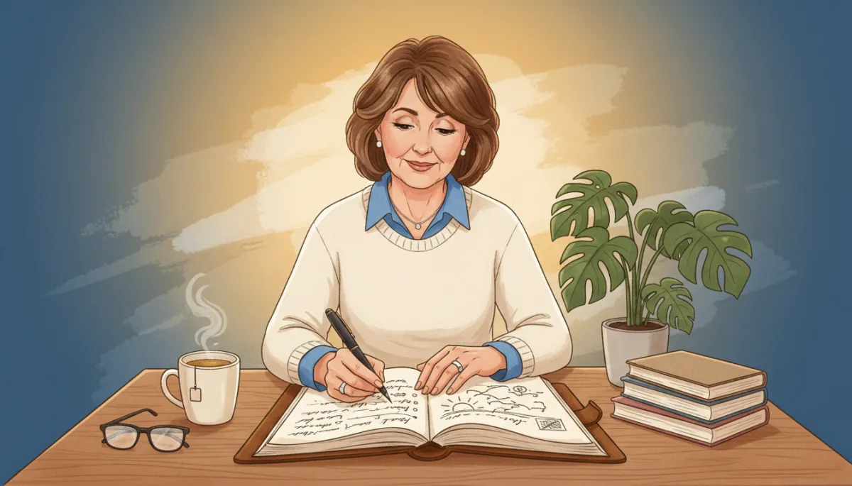 A mature woman in her 50s writing in a notebook, planning a new chapter of life A mature woman in her 50s writing in a notebook, planning a new chapter of life