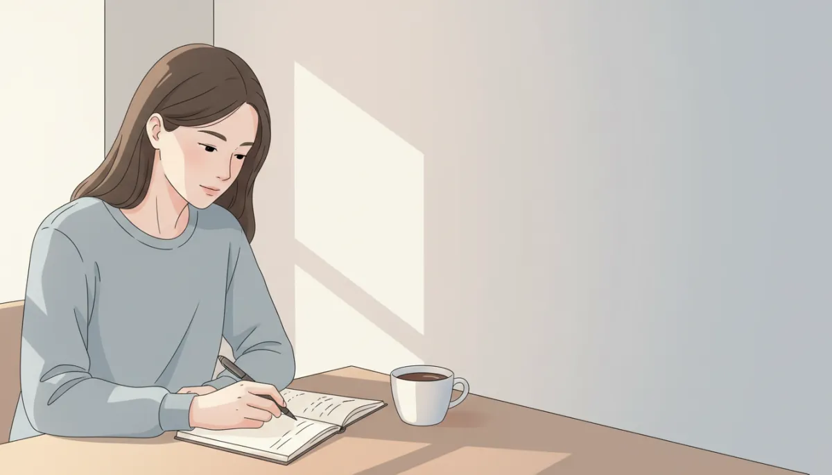 Person journaling at a simple table, reflecting on their next chapter