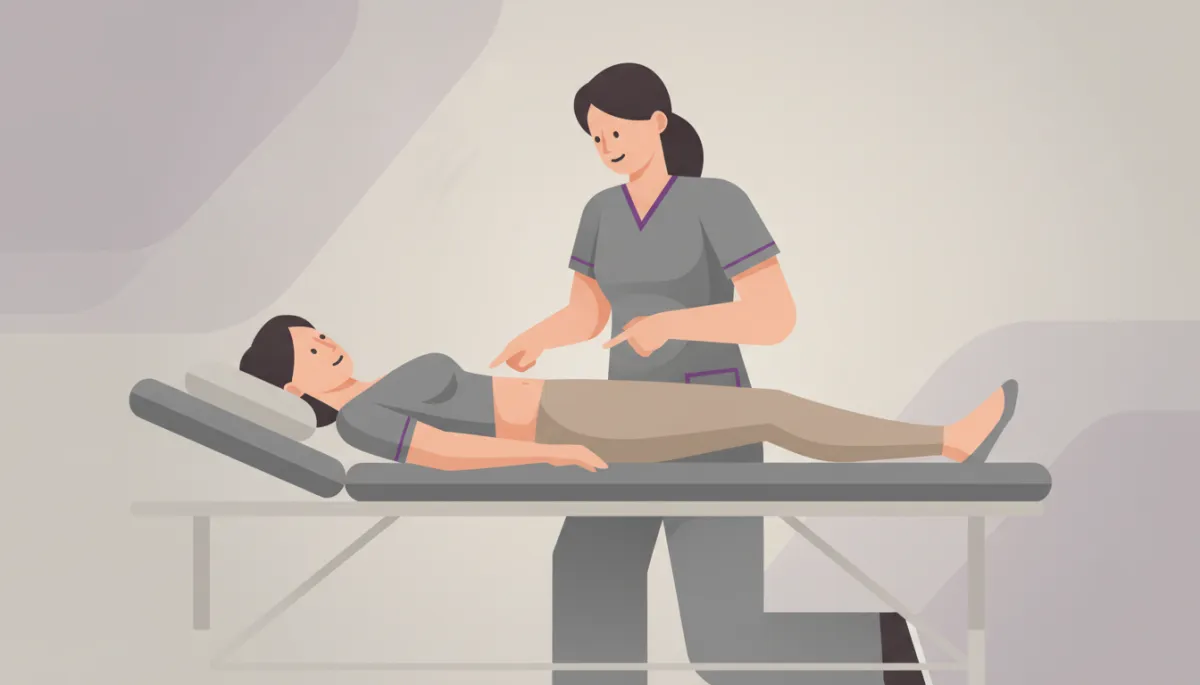Pelvic health physiotherapist guiding a woman in her 50s through pelvic floor exercises