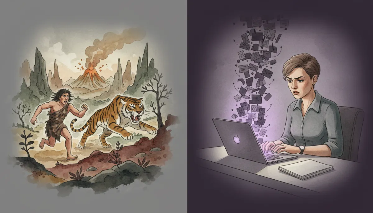 Split-screen of ancient physical threat and modern email stress in a consistent professional style