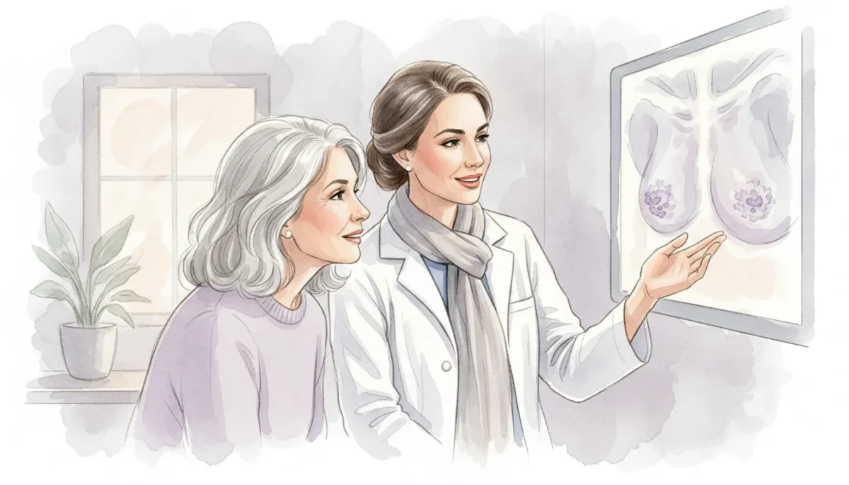 Doctor discussing mammogram results with a woman over 50 in a clinic