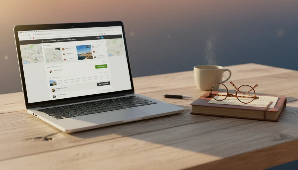 Laptop crowded with booking tabs next to a calm handwritten itinerary on a desk