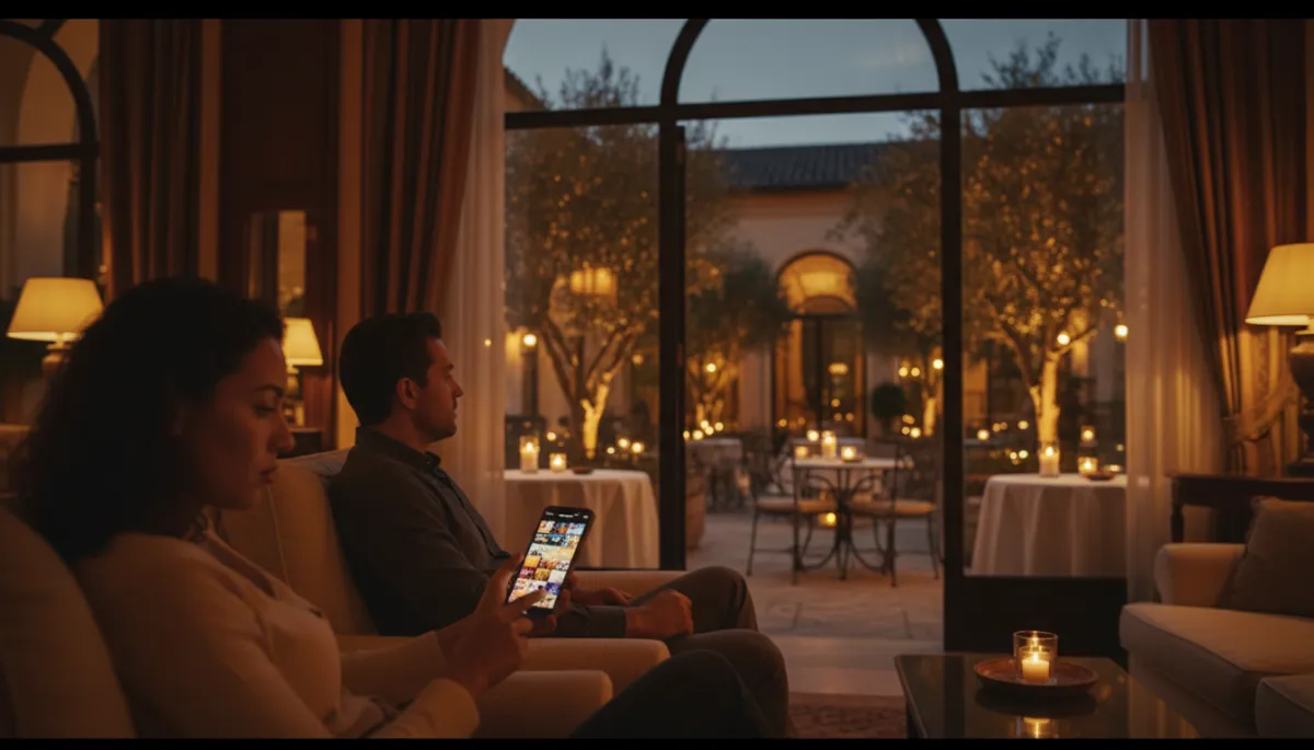 Couple in a hotel lounge, one lost in travel research on a phone while the other looks out peacefully