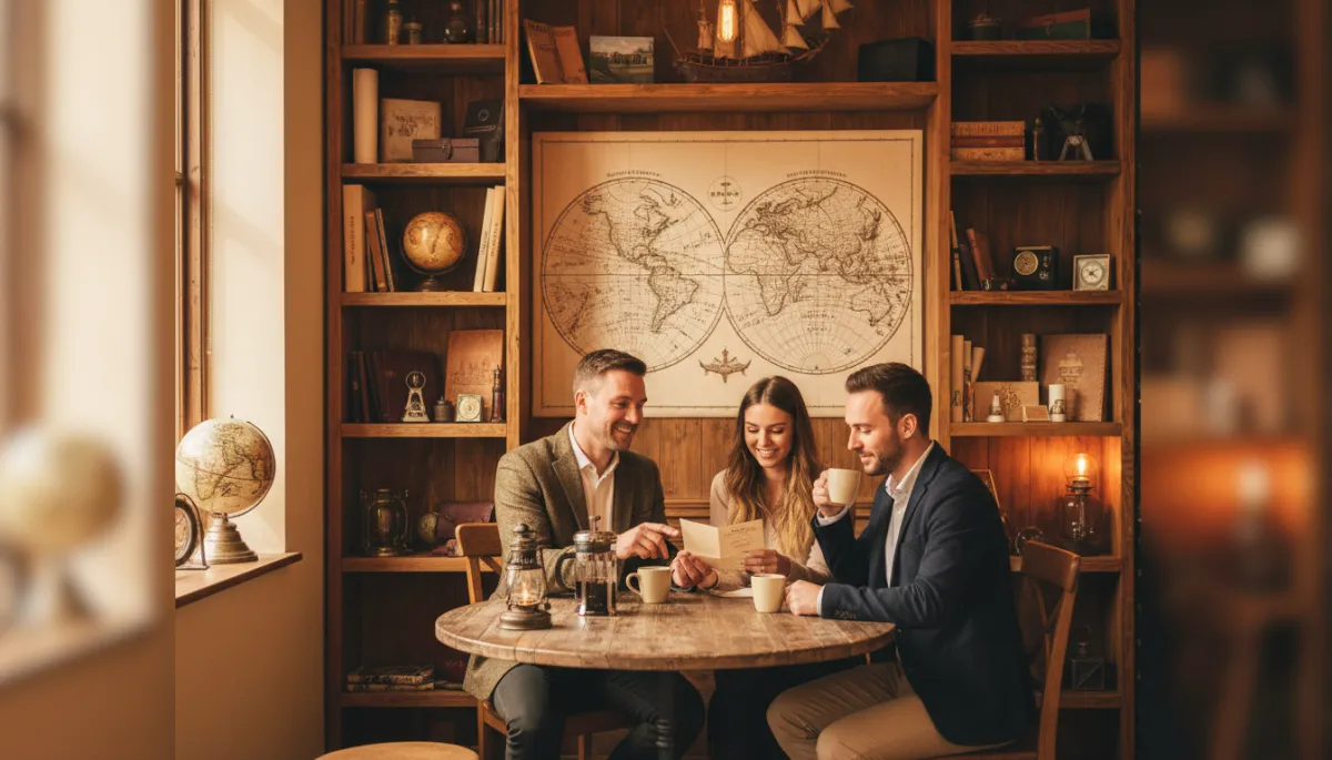 Travel advisor and couple calmly reviewing a concise travel proposal in a warm studio