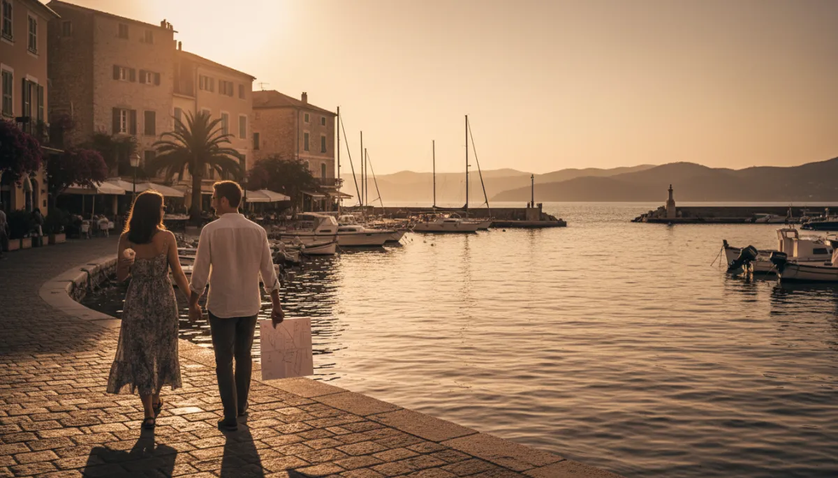 Couple walking slowly by a Mediterranean harbour at golden hour with a simple itinerary in hand