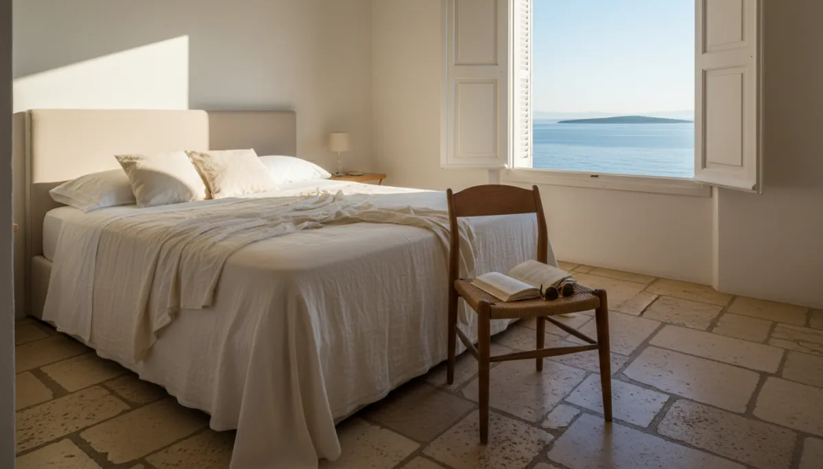 Calm bedroom interior in a small Croatian boutique guesthouse with sea view