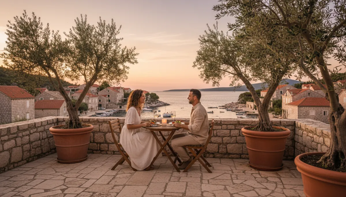 Couple sharing a quiet dinner on a terrace in a Croatian coastal town