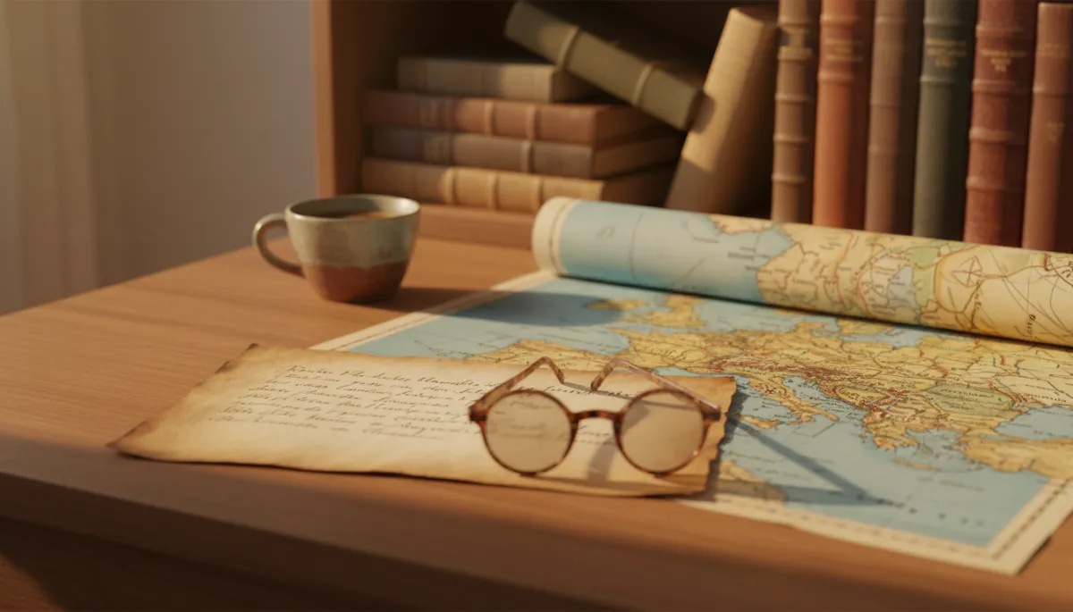 Handwritten itinerary and map on a desk in warm afternoon light