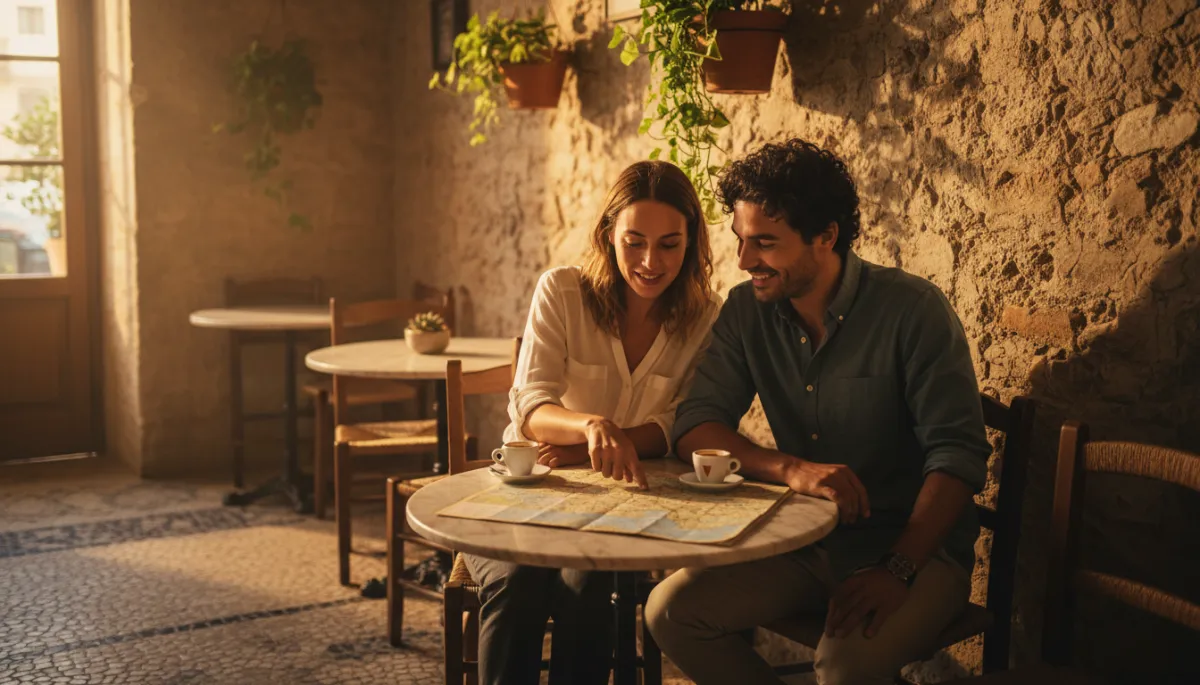 Couple in a Mediterranean café calmly discussing a map over coffee