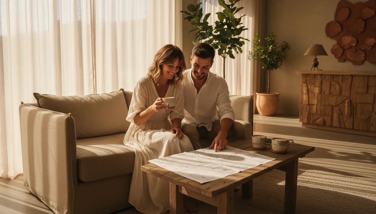Couple reviewing a printed travel itinerary in a calm boutique lobby