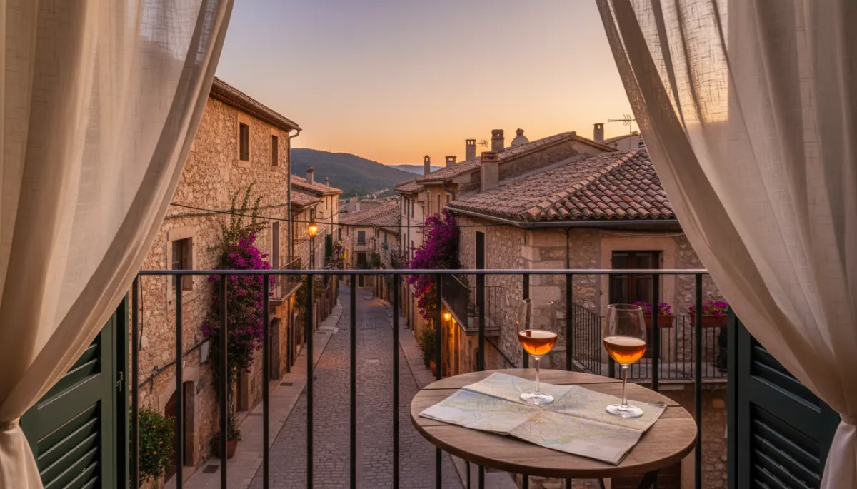 Quiet balcony with wine glasses and map overlooking a Mediterranean street at dusk
