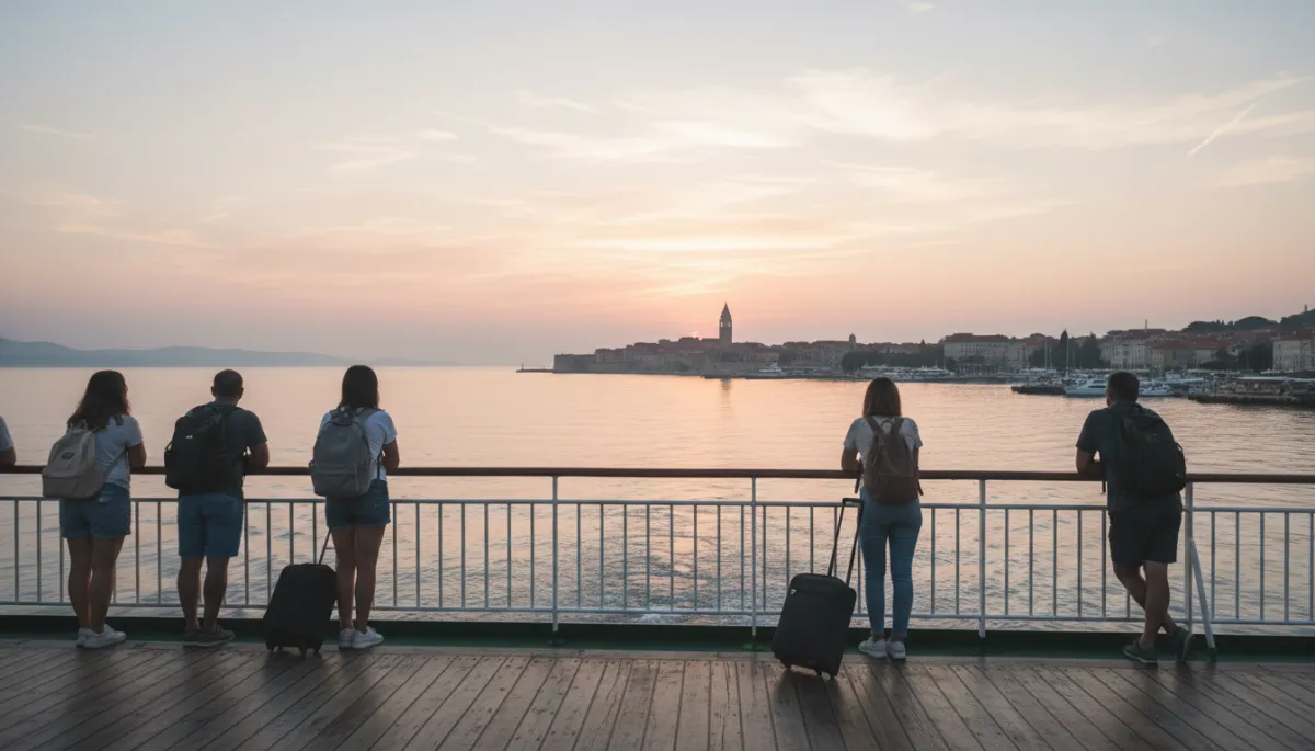 photorealistic view from a ferry deck leaving Split at sunrise, soft pastel sky, passengers with light luggage leaning on the rail, old town and harbour slowly receding, neutral tones and calm sea