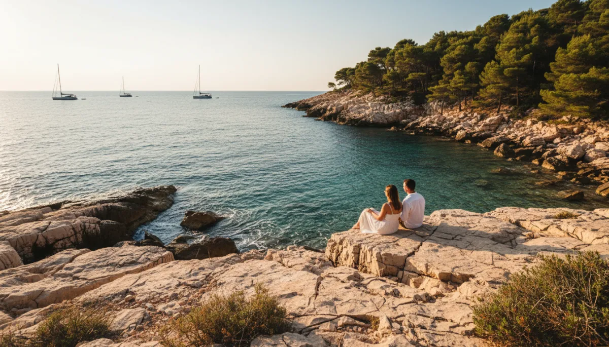 photorealistic view of a couple sitting on rocks above a quiet cove on Korčula at late afternoon, gentle waves, sailing boats in the distance, warm sunlight on stone and pine trees