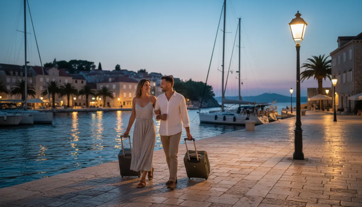 photorealistic scene of a couple slowly wheeling two small suitcases along a quiet stone waterfront on Hvar at dusk, warm streetlights, moored boats, relaxed body language