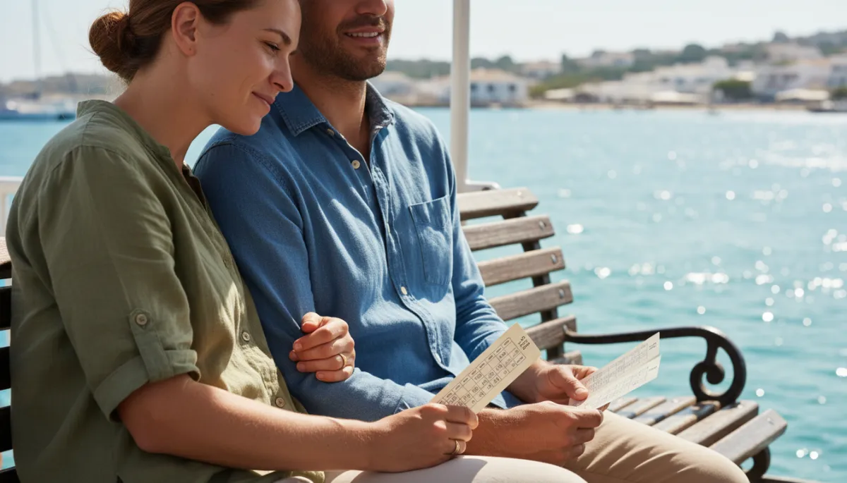 photorealistic close-up of a couple sitting on a shaded ferry bench, paper tickets and a simple printed timetable on their lap, sunlight reflecting off the water in the background, muted Mediterranean colours