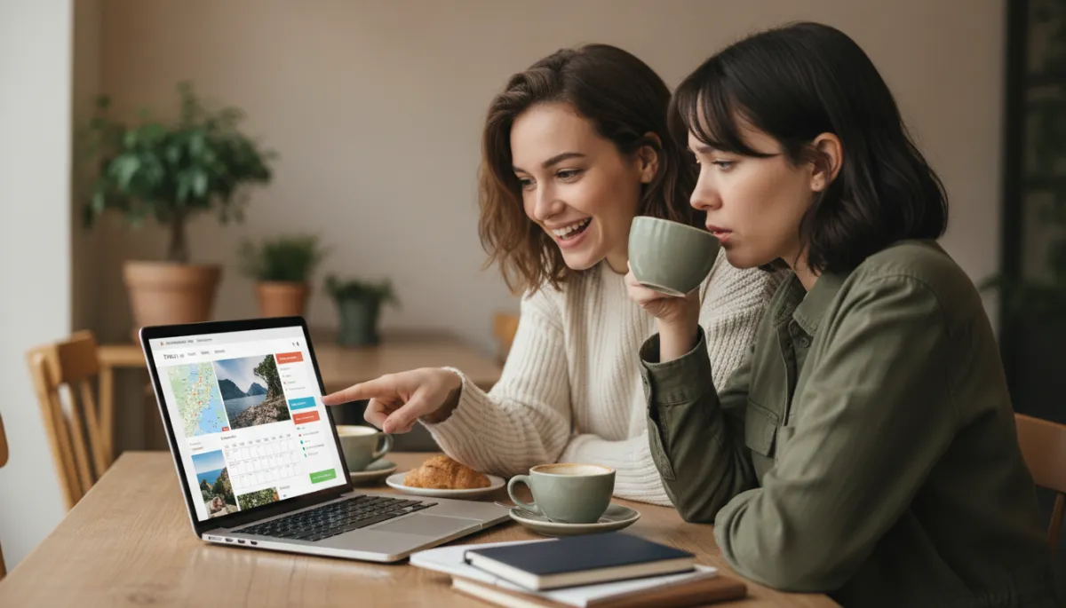 Friends discussing AI-generated travel plans with mixed emotions in a café