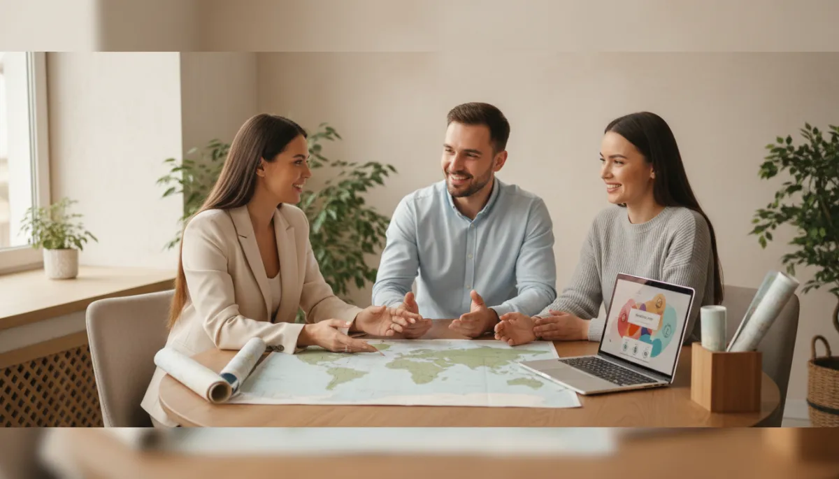 Travel advisor discussing trip plans with clients in a calm office setting