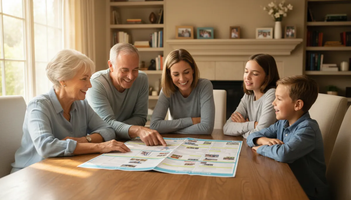 Family reviewing a travel plan together with mixed reactions