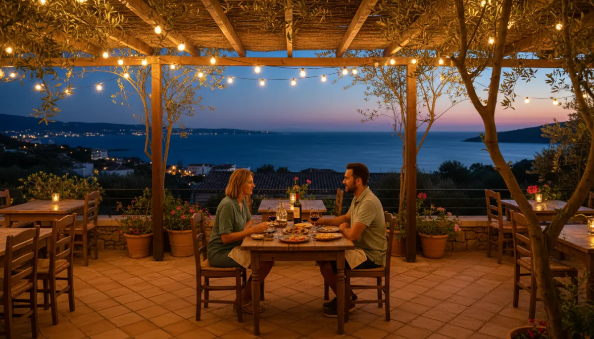 Couple dining on a quiet Mediterranean terrace at twilight