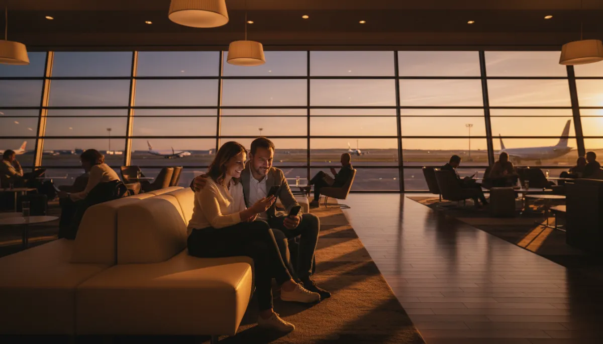 Couple sitting calmly in an airport lounge after resolving a delay