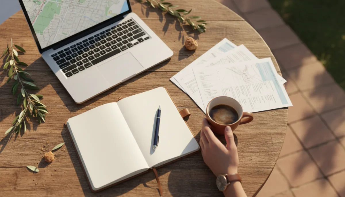 Calm planning scene with notebook and partially closed laptop