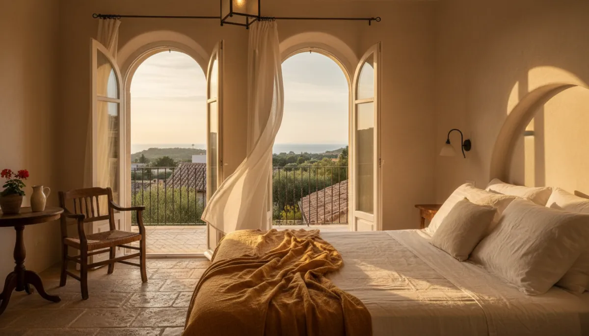 Boutique Mediterranean hotel room with open balcony doors